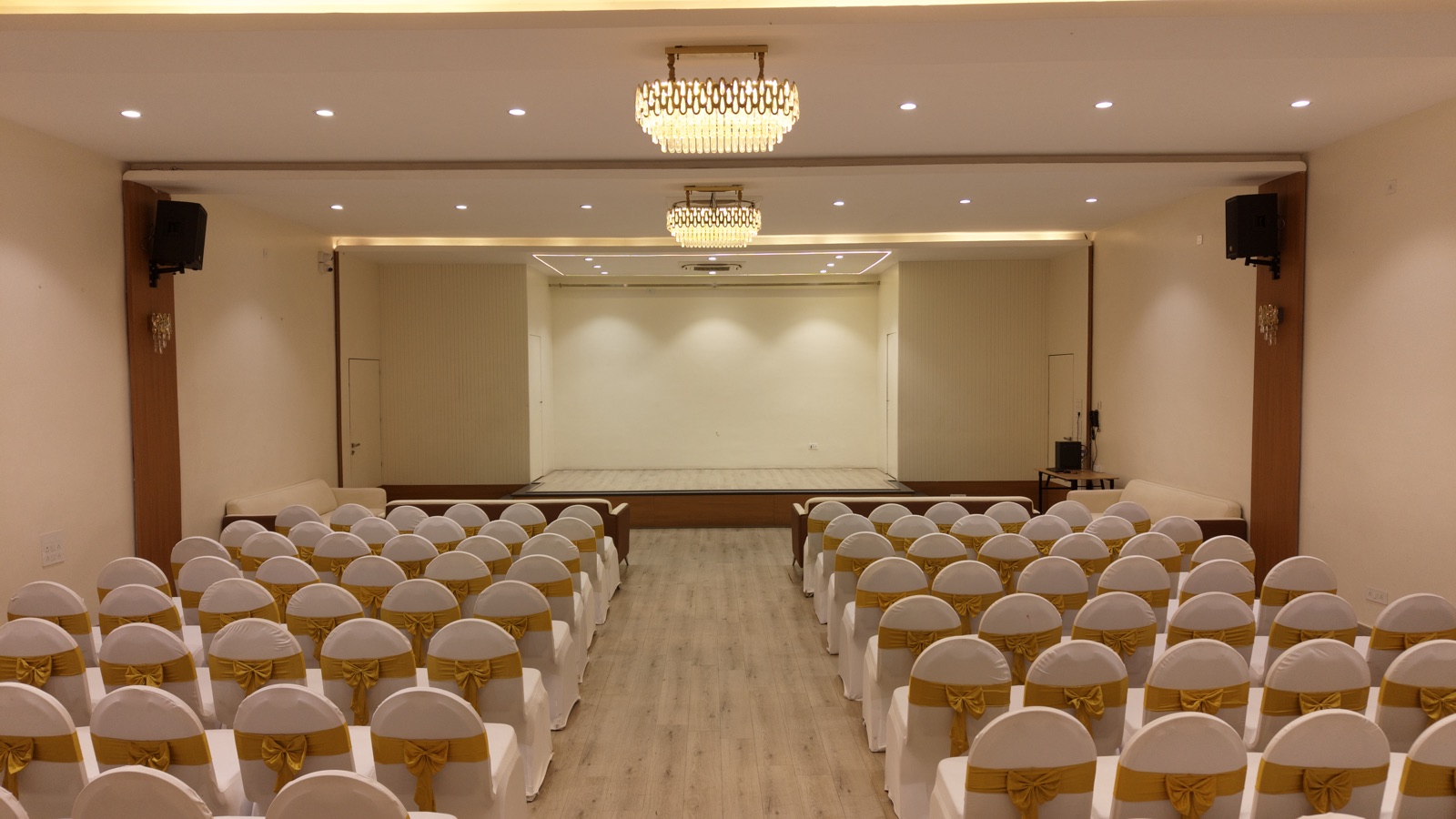 The banquet hall, set for a function